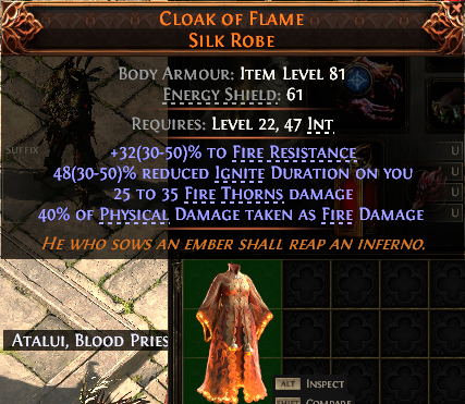 MMOJUGG Path of Exile 2 CLOAK OF FLAME SILK ROBE#935932 Details View of Item Function and Use